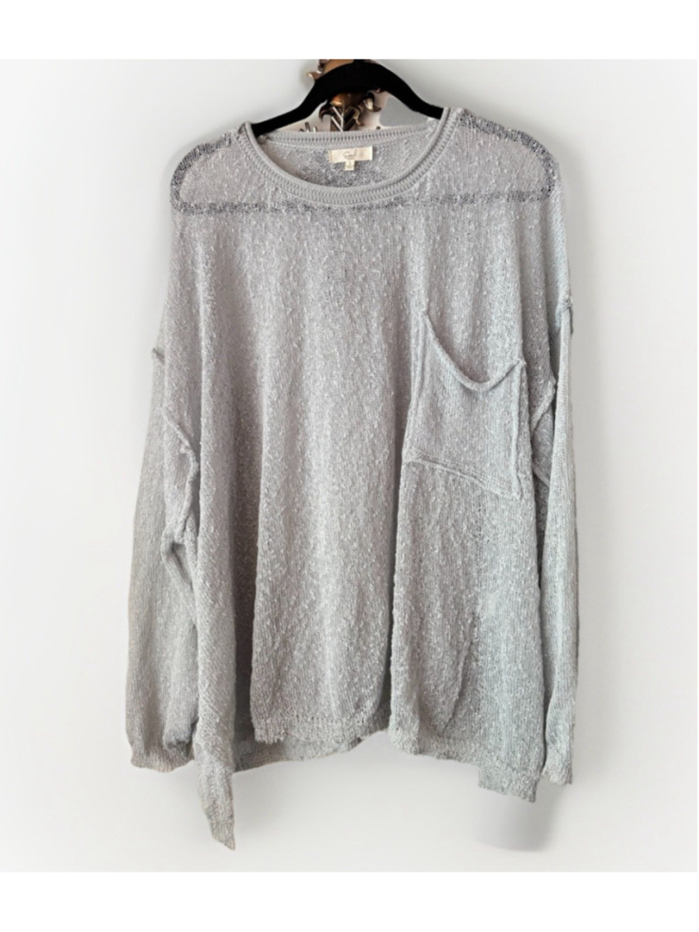 Easel Gray Open Knit Sweater Womens Large Oversized Pocket Lightweight Boho